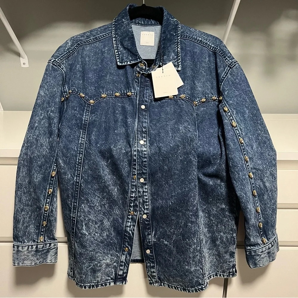NWT Sandro Stane Denim Rhinestone Pearl Shirt Midnight Blue Western Jacket US 8 - Picture 7 of 16